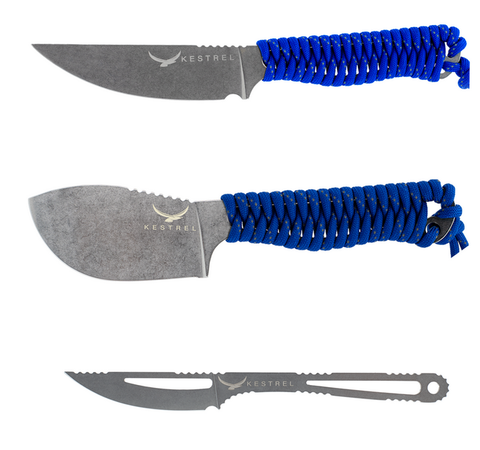 Kestrel Ultralight Hunter Set 2.0: Ovis Skeleton, Skeleton Skinner and Mountain Caper knives, electric blue paracord