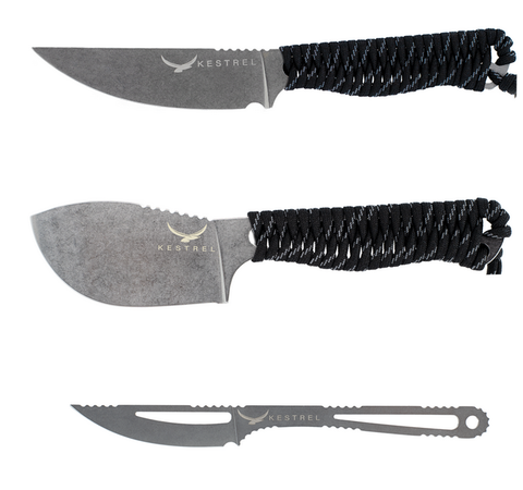 Kestrel Ultralight Hunter Set 2.0: Ovis Skeleton, Skeleton Skinner and Mountain Caper knives, reflective black paracord