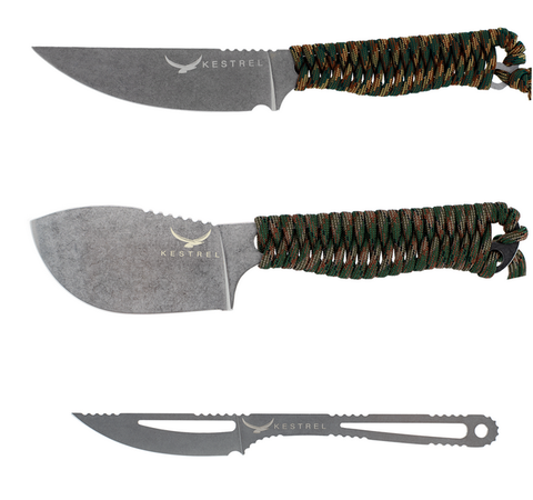 Kestrel Ultralight Hunter Set 2.0: Ovis Skeleton, Skeleton Skinner and Mountain Caper knives, woodland paracord
